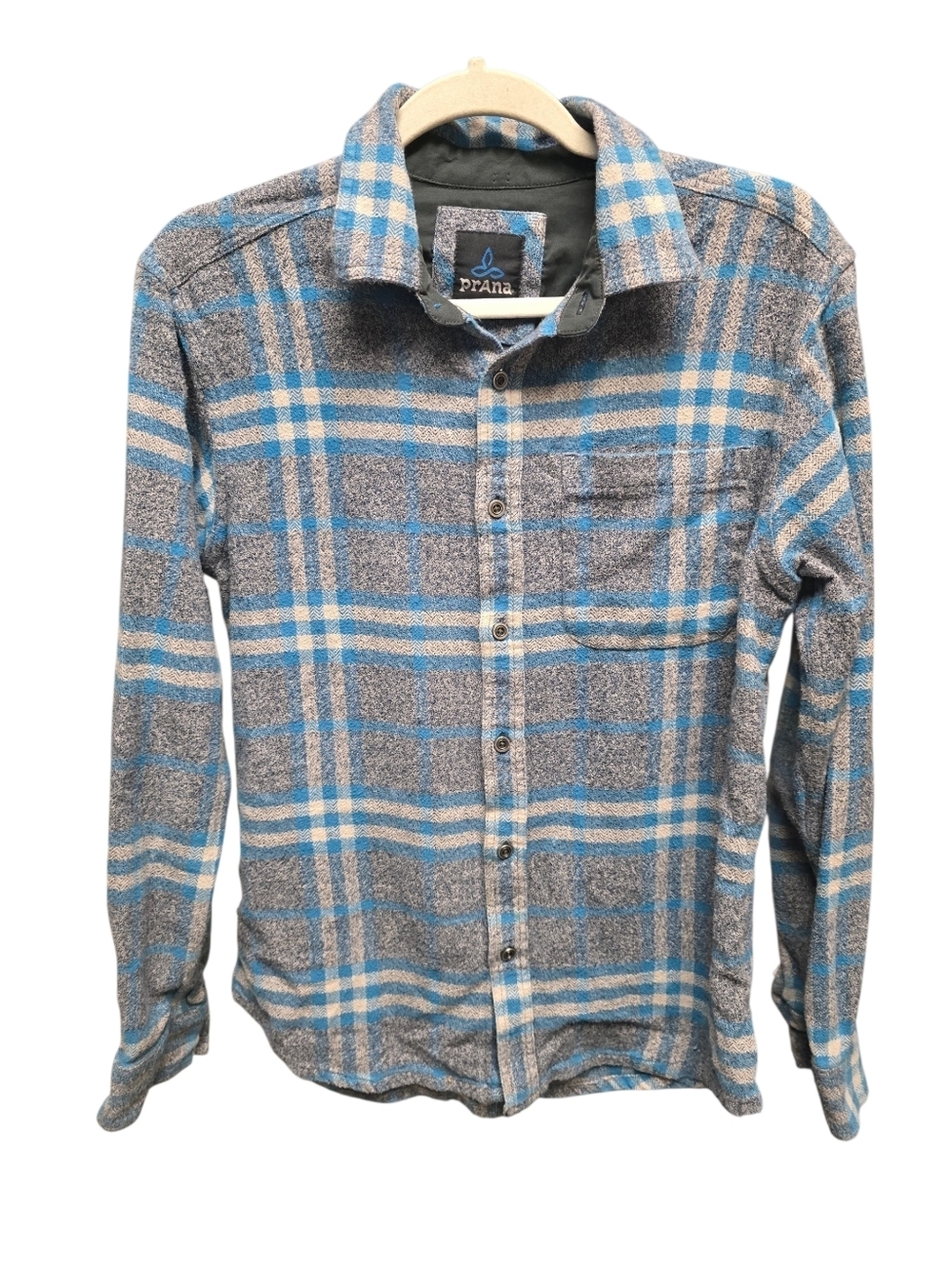 Prana Woodman Flannel Shirt Mens Medium Gray Plaid Button Up Organic Cotton Sz.S